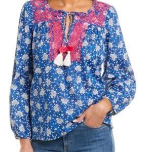 NWT J. Crew Embroidered Cotton Voile Top Block Print AM848 Blue Pink Tassels S